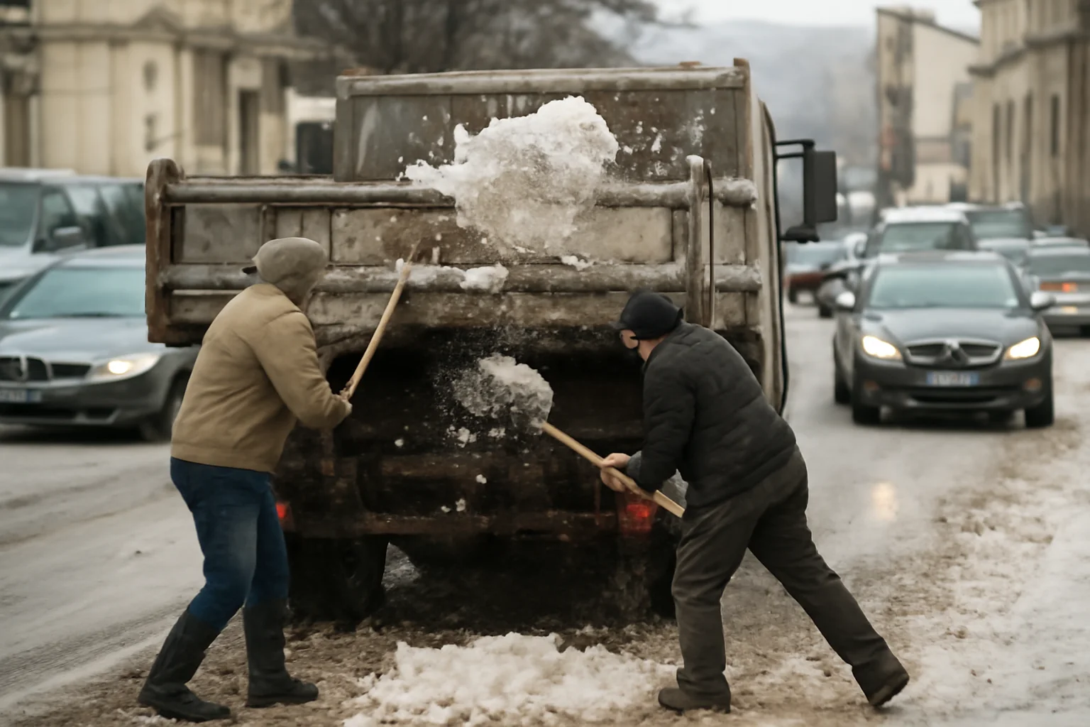 doi muncitori aruncă zăpada cu lopata dintr-un camion aflat în mers, sub ochii șoferilor uimiți