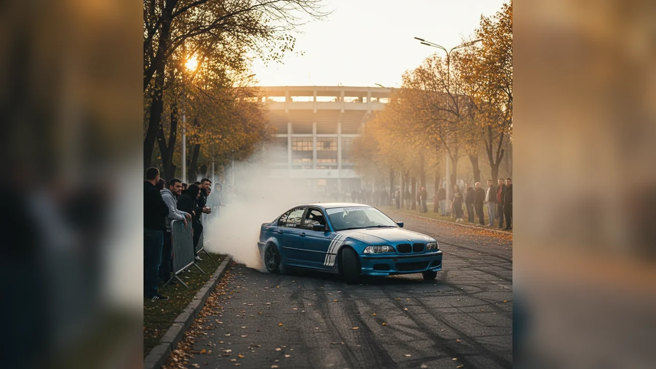 Drifturi cu BMW pe aleea spre Sala Sporturilor Olimpia din Ploiești, surprinse pe filmare
