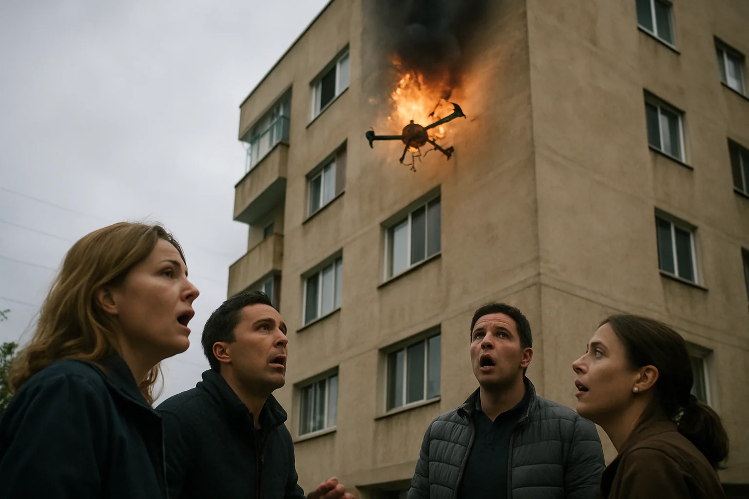Dronă prăbușită pe bloc în Galați: Explozie și incendiu
