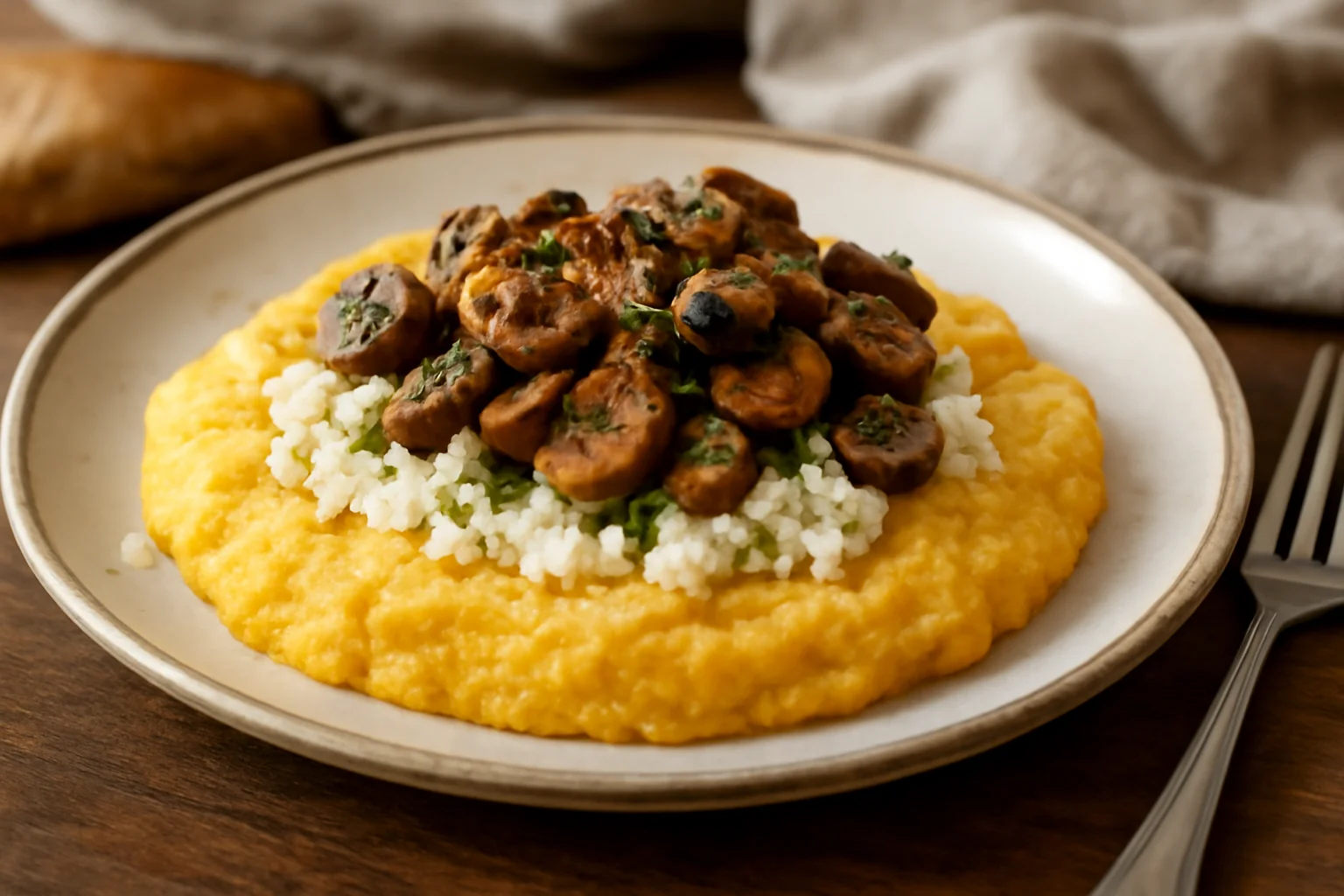 Polenta la cuptor cu brânză de burduf și ciuperci – rețetă savuroasă tradițională