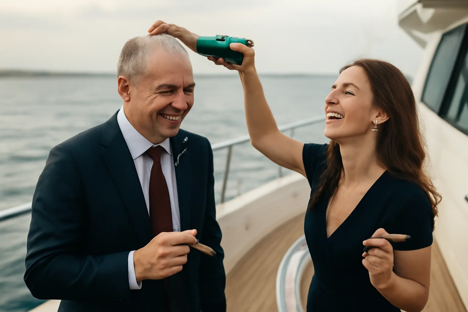 șampanie turnată în cap și poze cu trabucuri de lux