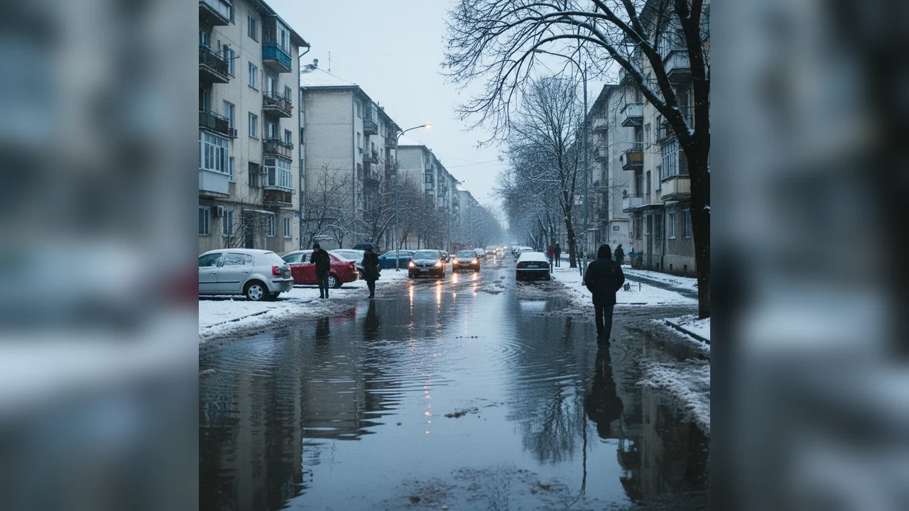 Străzi cu bălți întinse după topirea zăpezii în Ploiești, pe 6 ianuarie 2026