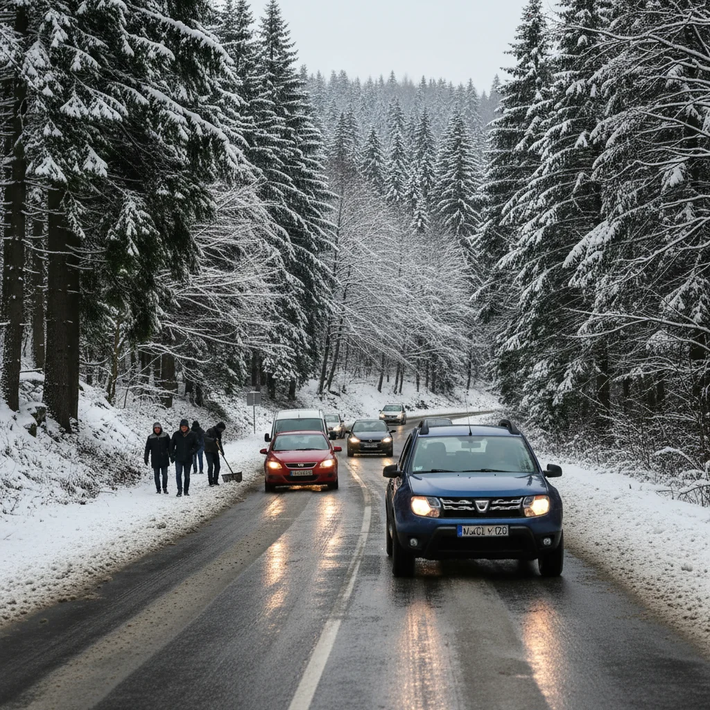 Trafic rutier în condiții de iarnă la Ploiești și în județul Prahova, carosabil parțial acoperit cu zăpadă