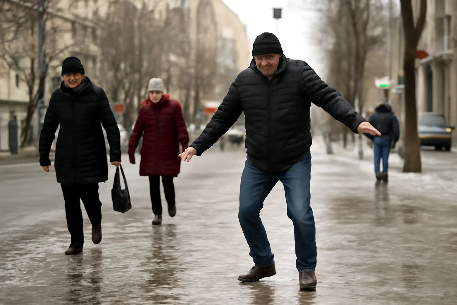 trotuare înghețate, oameni care alunecă și nici urmă de deszăpezire sau material antiderapant