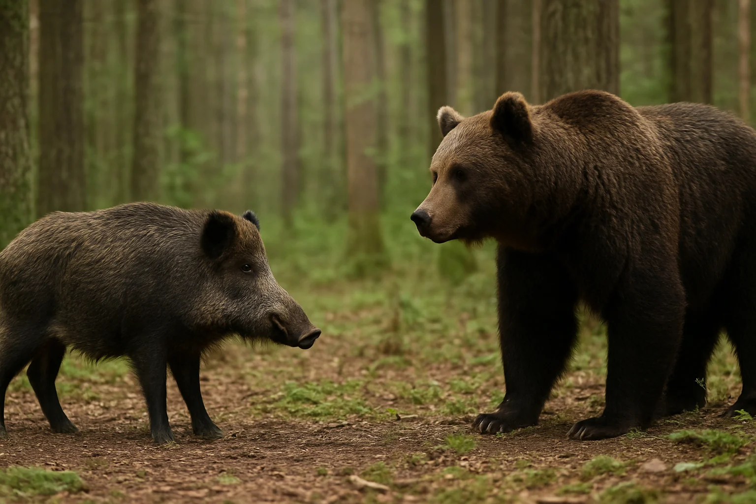 Urs și mistreț, întâlnire neașteptată în pădure